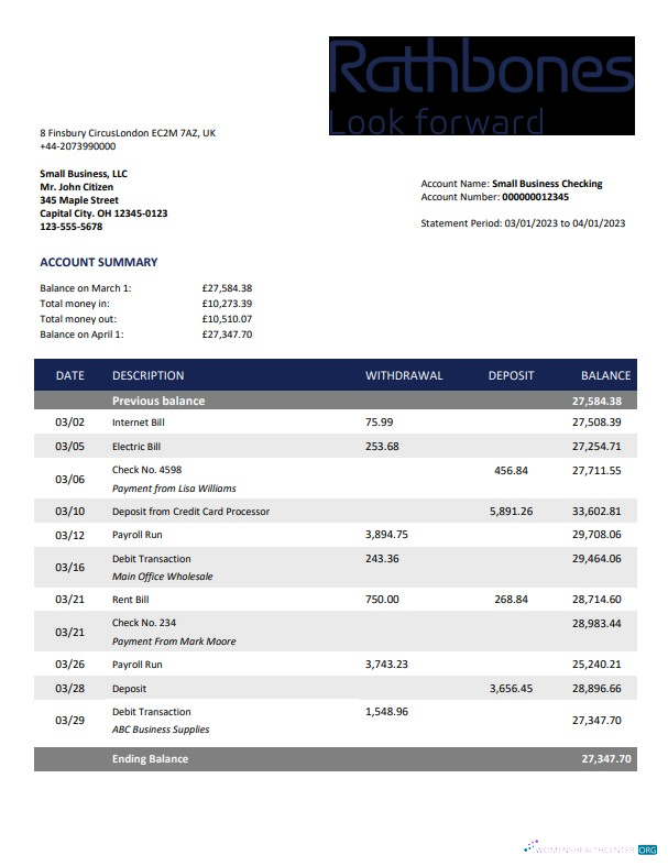 Download Rathbones Bank company account statement Word and PDF template Photoshop template